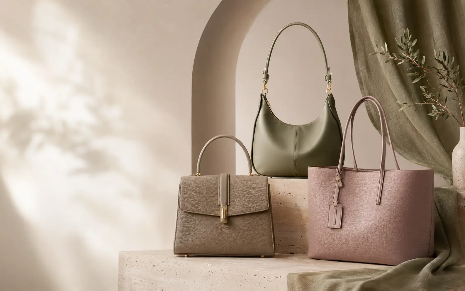 Trevo collection of sage, taupe and blush handbags in a refined studio setting